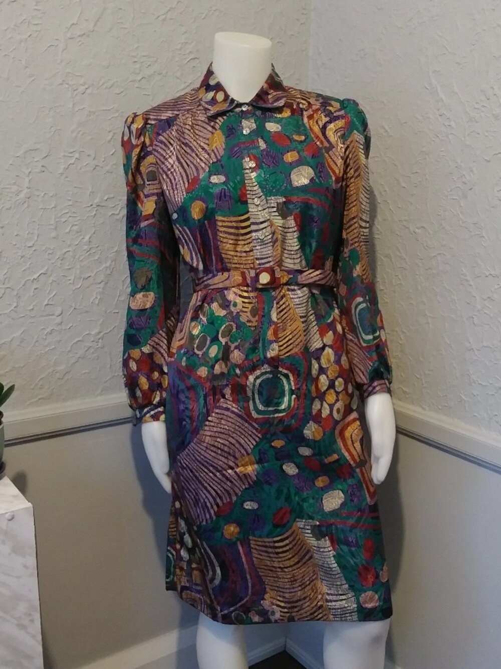 Vintage Colorful Shiny Abstract Printed Dress by Charles Carroll
